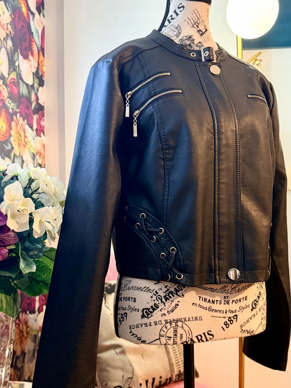 VENUS Black Faux Leather Moto Jacket with Lace-Up Hips